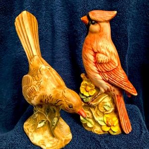 Two Vintage Red Cardinal Birds , one measures 7” high the other about 4” high.